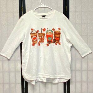 Love & Lace Sparkle Fuzzy Sweater 1X White ¾ Sleeve Fall Autumn Beverage Drink